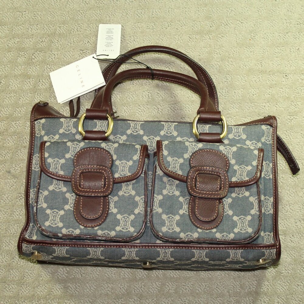 CELINE Macadam Denim Shoulder Bag Hand Bag Blue Canvas Leather *imperfect*